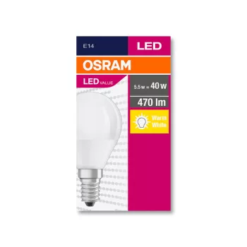 OSRAM Value LED kisgömb izzó, matt búra, E14 foglalat, 5,5W, 2700K, 470lm, meleg fehér
