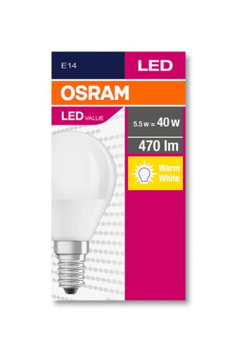 OSRAM Value LED kisgömb, matt búra, 5,5W 470lm 2700K E14, átlagos élettartam: 10000 óra, fényszín: meleg fehér LED VALUE CL P 40 FR 5.5W 2700K E14 ( 4058075147898 )