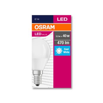   OSRAM Value LED kisgömb, matt búra, 5,5W 470lm 4000K E14, átlagos élettartam: 10000 óra, fényszín: hideg fehér LED VALUE CL P 40 FR 5.5W 4000K E14 ( 4058075147911 )