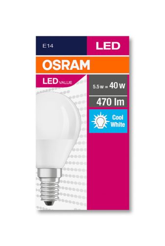 OSRAM Value LED kisgömb, matt búra, 5,5W 470lm 4000K E14, átlagos élettartam: 10000 óra, fényszín: hideg fehér LED VALUE CL P 40 FR 5.5W 4000K E14 ( 4058075147911 )