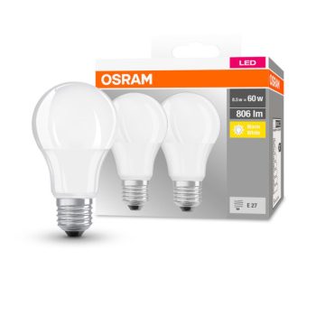 OSRAM Base LED izzó, körte forma, matt plasztik búra, E27 foglalat, 8,5W, 2700K, 806lm