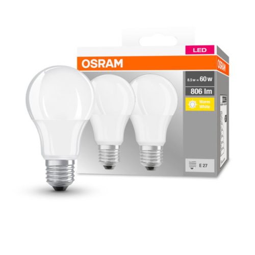 OSRAM Base LED körte, matt plasztik búra, 8,5W 806lm 2700K E27 − 2 db-os szett, átlagos élettartam: 10000 óra, fényszín: meleg fehér LED BASE CL A 60 FR 8.5W 2700K E27 x2 ( 4058075152656 )