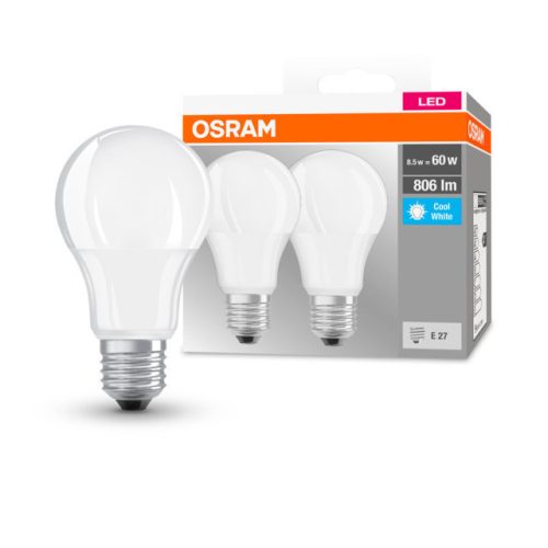OSRAM Base LED körte, matt plasztik búra, 8,5W 806lm 4000K E27 − 2 db-os szett, átlagos élettartam: 10000 óra, fényszín: hideg fehér LED BASE CL A 60 FR 8.5W 4000K E27 x2 ( 4058075152670 )
