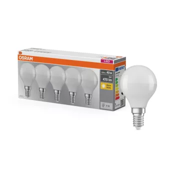 OSRAM Base LED izzó kisgömb forma, matt búra, E14 foglalat, 4,9W, 470lm, 2700K meleg fehér 5db