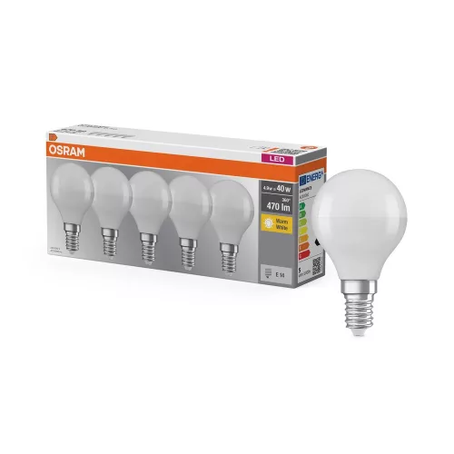 OSRAM Base LED izzó kisgömb forma, matt búra, E14 foglalat, 4,9W, 470lm, 2700K meleg fehér 5db
