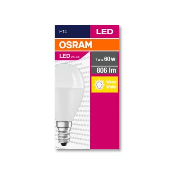 OSRAM Value LED kisgömb izzó, matt búra, E14 foglalat, 7W, 2700K, 806lm, meleg fehér
