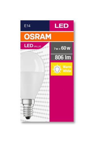 OSRAM Value LED kisgömb, matt búra, 7W 806lm 2700K E14, átlagos élettartam: 10000 óra, fényszín: meleg fehér LED VALUE CL P 60 FR 7W 2700K E14 ( 4058075152939 )