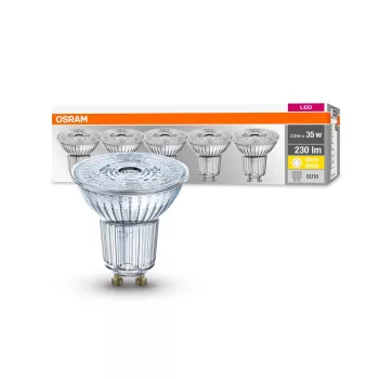 OSRAM Base LED izzó spot forma (PAR16), GU10 foglalat, 2,6W, 230lm, 2700K meleg fehér 5db