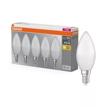 OSRAM Base LED gyertya izzó matt plasztik búra, E14 foglalat, 4,9W, 2700K, 470lm, meleg fehér, 5db