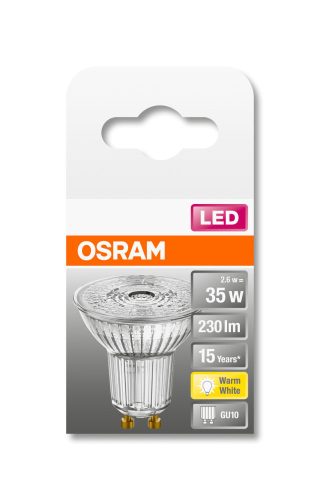 OSRAM Star 230V LED PAR16 spot, üveg ház, 2,6W 230lm 2700K GU10, átlagos élettartam: 15000 óra, fényszín: meleg fehér LED ST PAR16 35 36° 3W 2700K GU10 ( 4058075233263 )