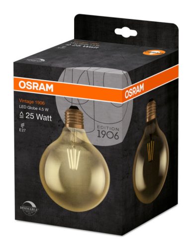 OSRAM Vintage dimmelhető LED globe, átlátszó üveg búra, 4,5W 250lm 2000K E27, átlagos élettartam: 15000 óra, fényszín: extra meleg fehér LED VINTAGE CL GLOBE DIM 25 FIL 4.5W 2000K E27 ( 4058075270008 )