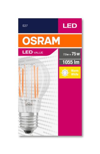 OSRAM Value LED körte, átlátszó üveg búra, 7,5W 1055lm 2700K E27, átlagos élettartam: 10000 óra, fényszín: meleg fehér LED VALUE CL A 75 FIL 8W 2700K E27 ( 4058075288669 )
