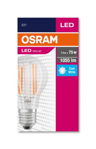 OSRAM Value LED izzó, körte forma, E27 foglalat, 7,5W, 4000K, 1055lm, hideg fehér
