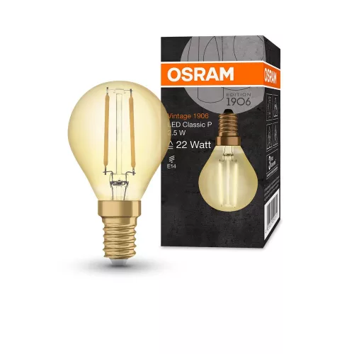 OSRAM Vintage 1906 LED kisgömb forma, üveg, átlátszó arany E14, 2,5W, 220lm, 2400K extra meleg fehér