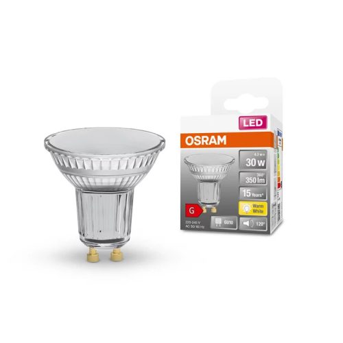 OSRAM Star 230V LED PAR16 spot, üveg ház, 4,3W 350lm 2700K GU10, átlagos élettartam: 15000 óra, fényszín: meleg fehér LED ST PAR16 50 120° 4.3W 2700K GU10 ( 4058075303263 )