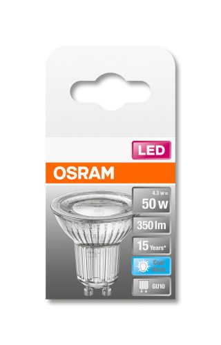 OSRAM Star 230V LED PAR16 spot, üveg ház, 4,3W 350lm 4000K GU10, átlagos élettartam: 15000 óra, fényszín: hideg fehér LED ST PAR16 50 120° 4.3W 4000K GU10 ( 4058075303287 )