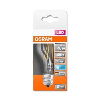 OSRAM Star LED izzó, körte forma, átlátszó üveg búra, E27 foglalat, 4W, 4000K, 470lm, hideg fehér