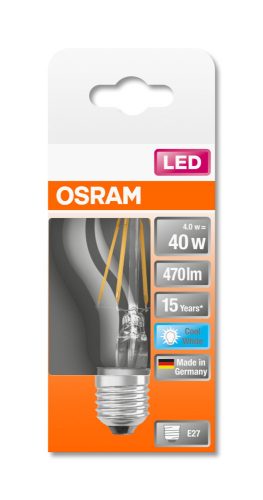 OSRAM Star LED izzó, körte forma, átlátszó üveg búra, E27 foglalat, 4W, 4000K, 470lm, hideg fehér