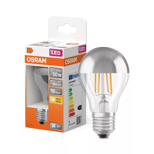 OSRAM Star LED izzó, classic forma, tükrös ezüst búra, E27 foglalat, 6,5W, 650lm, 2700K meleg fehér