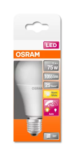OSRAM Star+ LED izzó, körte forma, E27 foglalat, 11,5W, 2700K, 1055lm, meleg fehér