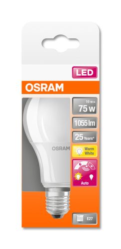 OSRAM Star+ fényérzékelős LED körte, matt plasztik búra, 10W 1055lm 2700K E27, átlagos élettartam: 25000 óra, fényszín: meleg fehér LED STAR+ DAYLIGHT SENSOR CL A 75 FR 10W 2700K E27 ( 4058075428287 )