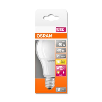 OSRAM Star+ fényérzékelős LED izzó körte forma, E27 foglalat, 6W, 2700K, 470lm, meleg fehér