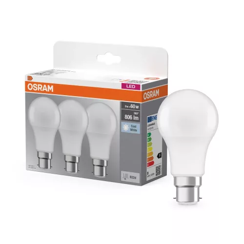OSRAM Base LED izzó, matt plasztik búra, B22d foglalat, 8W, 806lm, 4000K semleges fehér 3db