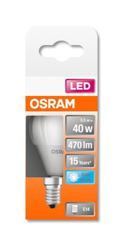 OSRAM Star LED kisgömb, matt búra, 5W 470lm 4000K E14, átlagos élettartam: 15000 óra, fényszín: hideg fehér LED ST CL P 40 FR 5W 4000K E14 ( 4058075430815 )