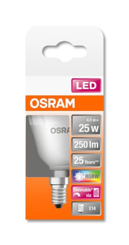 OSRAM Star+ RGBW távirányítható LED kisgömb, matt búra, 4,5W 250lm 2700K E14, átlagos élettartam: 25000 óra, fényszín: meleg fehér LED STAR+ RGBW REMOTE CL P 25 FR 4.5W 2700K E14 ( 4058075430839 )