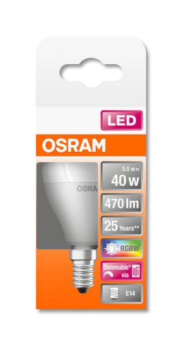 OSRAM Star+ RGBW távirányítható LED kisgömb, matt búra, 5,5W 470lm 2700K E14, átlagos élettartam: 25000 óra, fényszín: meleg fehér LED STAR+ RGBW REMOTE CL P 40 FR 5.5W 2700K E14 ( 4058075430877 )
