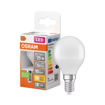 OSRAM Star LED izzó kisgömb forma, matt plasztik búra, E14 foglalat, 2,5W, 250lm, 2700K meleg fehér