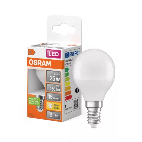 OSRAM Star LED izzó kisgömb forma, matt plasztik búra, E14 foglalat, 2,5W, 250lm, 2700K meleg fehér
