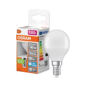OSRAM Star LED izzó kisgömb forma, matt plasztik búra, E14 foglalat, 4,9W, 470lm, 6500K hideg fehér