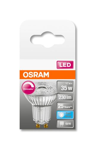 OSRAM Superstar dimmelhető 230V LED PAR16 spot, üveg ház, 3,7W 230lm 4000K GU10, átlagos élettartam: 25000 óra, fényszín: hideg fehér LED SST PAR16 DIM 35 36° 3.7W 4000K GU10 ( 4058075431690 )