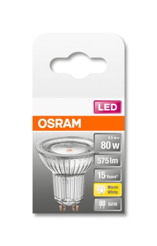 OSRAM Star 230V LED PAR16 spot, üveg ház, 6,9W 575lm 2700K GU10, átlagos élettartam: 15000 óra, fényszín: meleg fehér LED ST PAR16 80 120° 6.9W 2700K GU10 ( 4058075431751 )
