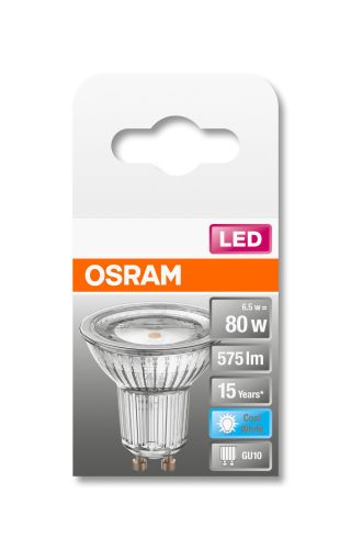OSRAM Star 230V LED PAR16 spot, üveg ház, 6,9W 575lm 4000K GU10, átlagos élettartam: 15000 óra, fényszín: hideg fehér LED ST PAR16 80 120° 6.9W 4000K GU10 ( 4058075431775 )