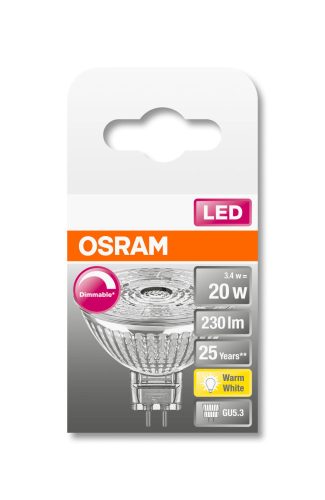 OSRAM Superstar dimmelhető LED MR16 spot, üveg ház, 3,4W 230lm 2700K GU5.3, átlagos élettartam: 25000 óra, fényszín: meleg fehér LED SST MR16 DIM 20 36° 3.4W 2700K GU5.3 ( 4058075431799 )