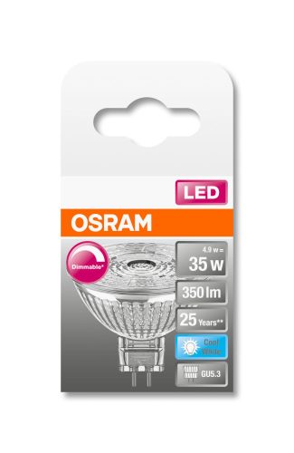 OSRAM Superstar dimmelhető LED MR16 spot, üveg ház, 5W 350lm 4000K GU5.3, átlagos élettartam: 25000 óra, fényszín: hideg fehér LED SST MR16 DIM 35 36° 5W 4000K GU5.3 ( 4058075431836 )