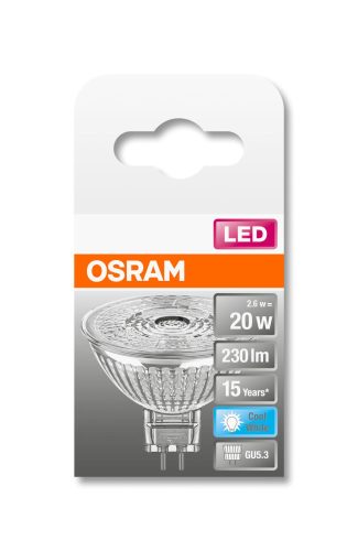 OSRAM Star LED MR16 spot, üveg ház, 2,9W 230lm 4000K GU5.3, átlagos élettartam: 15000 óra, fényszín: hideg fehér LED ST MR16 20 36° 2.9W 4000K GU5.3 ( 4058075431850 )