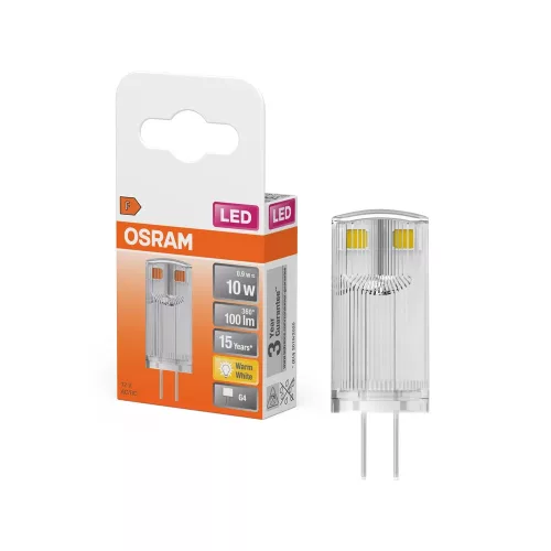 OSRAM LED izzó, kapszula forma, átlátszó üveg búra, G4 foglalat, 0,9W, 100lm, 2700K meleg fehér