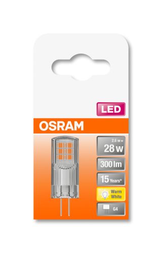 OSRAM Star 12V LED kapszula, átlátszó búra, 2,4W 300lm 2700K G4, átlagos élettartam: 15000 óra, fényszín: meleg fehér LED ST PIN 12V 28 CL 2.4W 2700K G4 ( 4058075431997 )