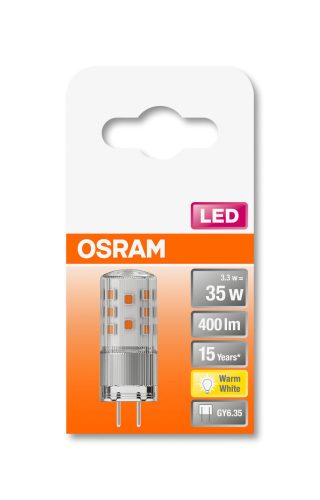 OSRAM Star 12V LED kapszula, átlátszó búra, 3,3W 400lm 2700K GY6.35, átlagos élettartam: 15000 óra, fényszín: meleg fehér LED ST PIN 12V 35 CL 3.3W 2700K GY6.35 ( 4058075432154 )