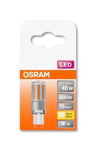 OSRAM Star 230V LED kapszula, átlátszó búra, 4,8W 600lm 2700K G9, átlagos élettartam: 15000 óra, fényszín: meleg fehér LED ST PIN 230V 48 CL 4.8W 2700K G9 ( 4058075432451 )