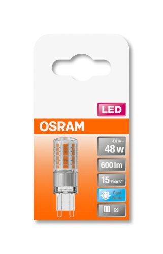 OSRAM Star 230V LED kapszula, átlátszó búra, 4,8W 600lm 4000K G9, átlagos élettartam: 15000 óra, fényszín: hideg fehér LED ST PIN 230V 48 CL 4.8W 4000K G9 ( 4058075432482 )