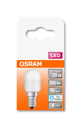 OSRAM hűtőizzó, matt búra, E14 foglalat, 2,3W, 6500K, 200lm, hideg fehér, energiatakarékos