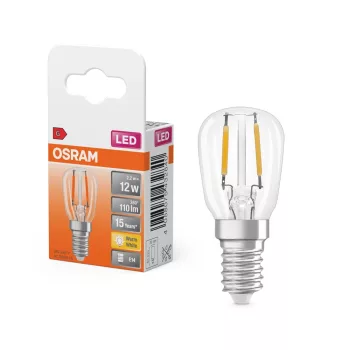 OSRAM T26 LED hűtőizzó, átlátszó üveg búra, E14 foglalat, 2,2W, 110lm, 2700K meleg fehér fényforrás