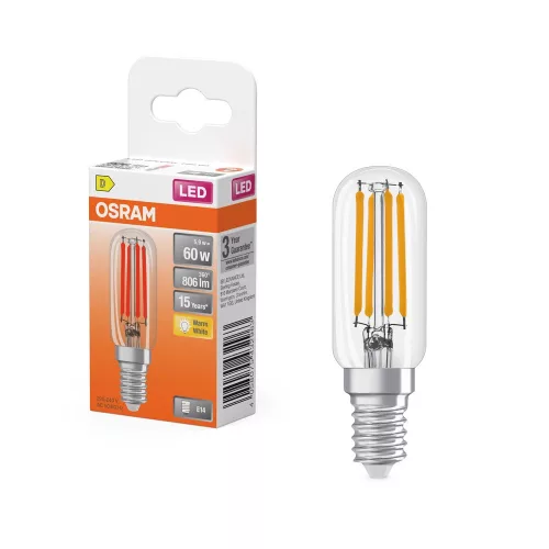OSRAM T26 LED hűtőizzó, átlátszó üveg búra, E14 foglalat, 5,9W, 806lm, 2700K meleg fehér, cső forma