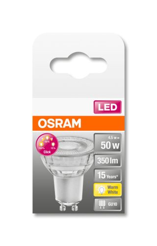 OSRAM Star+ 3 fokozatban dimmelhető LED PAR16 spot, üveg ház, 4,4W 350lm 2700K GU10, átlagos élettartam: 15000 óra, fényszín: meleg fehér LED STAR+ 3STEP DIM PAR16 50 36° 4.4W 2700K GU10 ( 4058075433182 )