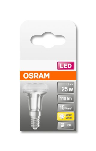OSRAM Star LED R39 spot, átlátszó üveg búra, 1,5W 110lm 2700K E14, átlagos élettartam: 15000 óra, fényszín: meleg fehér LED ST R39 25 36° 1.5W 2700K E14 ( 4058075433243 )