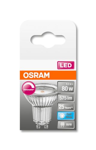 OSRAM Superstar dimmelhető 230V LED PAR16 spot, üveg ház, 8W 575lm 4000K GU10, átlagos élettartam: 25000 óra, fényszín: hideg fehér LED SST PAR16 DIM 80 120° 8W 4000K GU10 ( 4058075433700 )